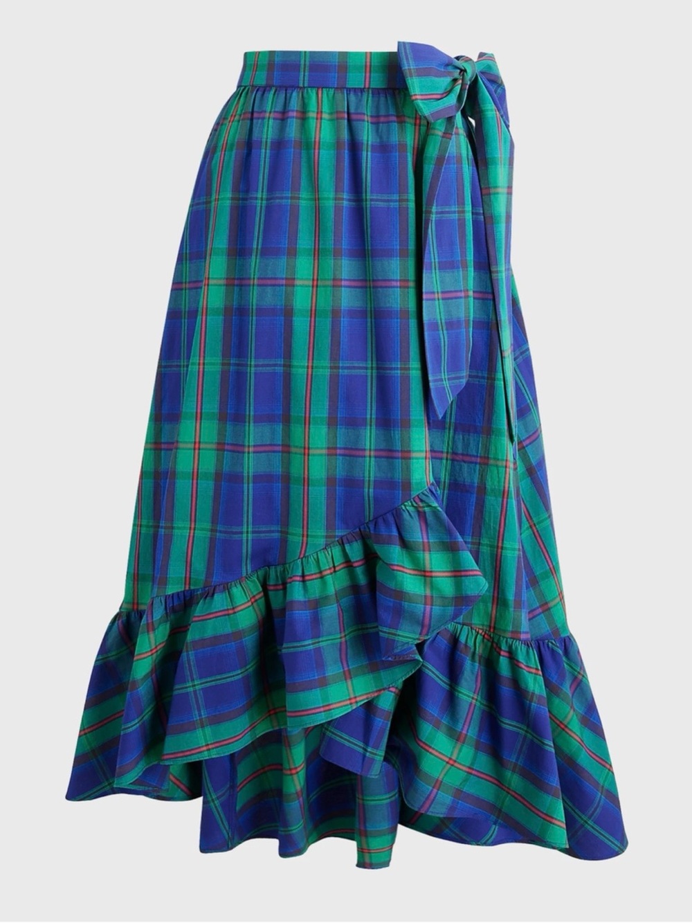 J.Crew Factory Plaid Ruffle Wrap Midi Skirt - Blue Green Tartan Plaid